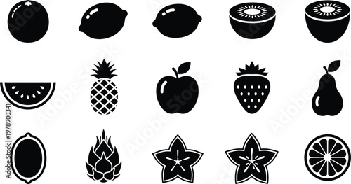 Set of fifteen minimalist black and white fruit icons including apple, pear, and strawberry