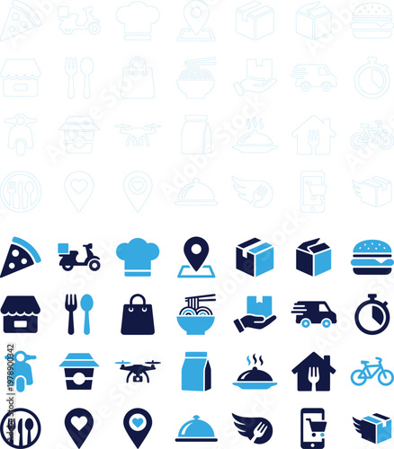 Food delivery service icons set for mobile apps and websites.