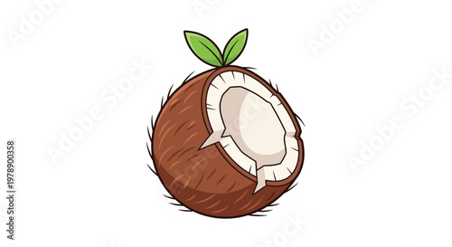 A colorful cartoon illustration depicts a halved coconut with a green sprout emerging