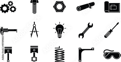 Collection of black engineering and mechanical tool icons on a white background for design projects