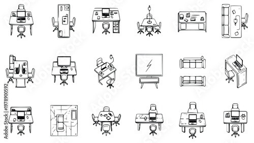 Office workspace setup illustrations with desks and chairs
