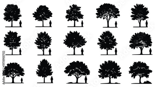 Silhouette illustrations of people standing next to various trees in different poses and sizes for design and artistic projects
