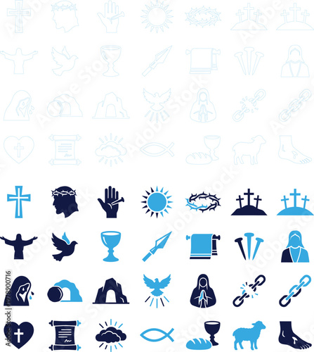 Christianity religious symbols icons on white background vector set.