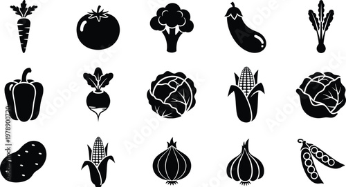 Collection of fifteen black and white flat vegetable icons for healthy food design projects