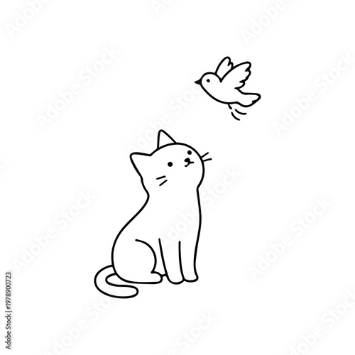 cat looks at a bird line icon
vector line icon on a white background
