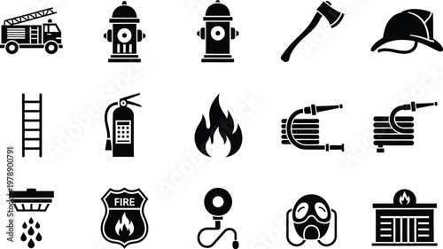 A collection of fifteen black and white firefighter equipment icons on a white background.