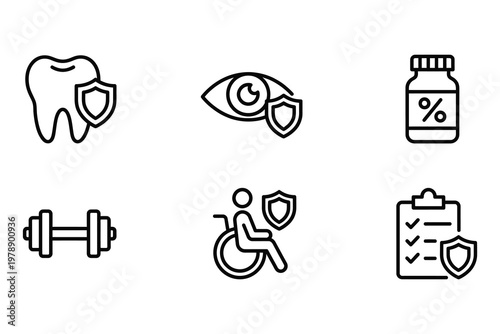 Health insurance icons: dental vision prescription fitness disability with prescription medicine dumbbell weightlifting disability wheelchair clipboard