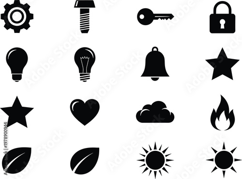 A collection of black silhouette icons featuring objects like a gear bolt key lock and lightbulb