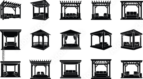 Various outdoor gazebo and pergola designs for backyard relaxation and entertainment purposes shown in silhouette