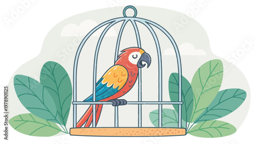A colorful parrot sits peacefully inside a blue birdcage surrounded by green leaves.