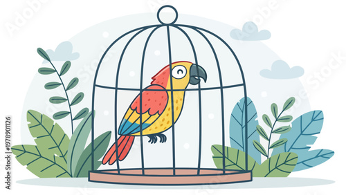 A colorful parrot perched inside a small cage surrounded by lush green leaves and blue clouds.