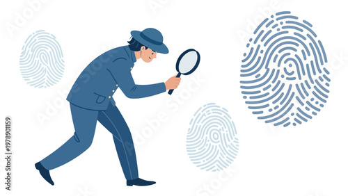 A cartoon detective in a blue suit examines fingerprints with a magnifying glass