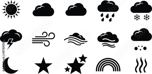 A collection of simple black and white weather icons representing various conditions