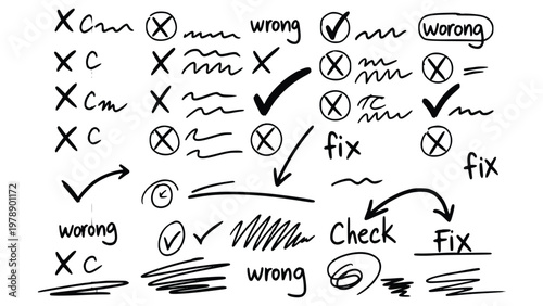 Hand drawn checkmarks and x marks for editing and correcting documents