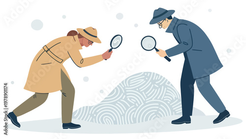 Two detectives examining a fingerprint with magnifying glasses in a snowy scene