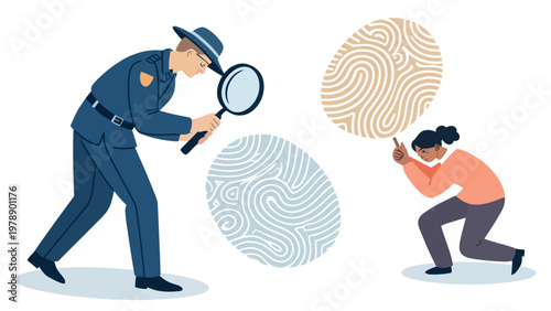 A cartoon illustration of a police officer and a woman examining fingerprints with a magnifying glass.