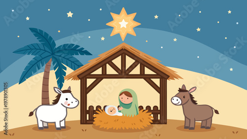 A serene Christmas nativity scene with Mary, Joseph, and baby Jesus in a manger surrounded by a donkey, a white horse, and a palm tree under a starry night sky.