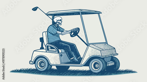 An illustration of a man driving a golf cart with a golf club on the back
