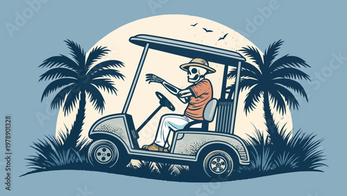 A cartoon skeleton drives a golf cart on a tropical island at sunset