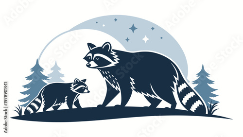 An illustration of a mother raccoon and her cub walking through a forest under a starry night sky