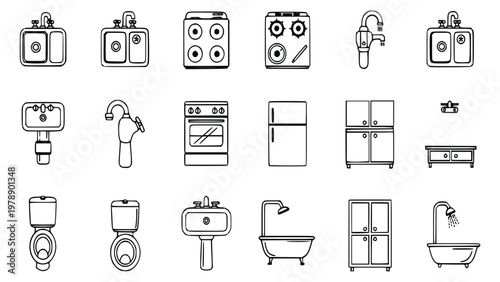 Various kitchen and bathroom appliances and fixtures illustrated in line art style including sinks, stoves, refrigerators, toilets, and bathtubs for plumbing and interior design use