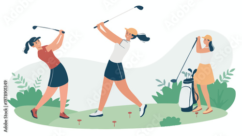 Three women playing golf on a green course with clubs and bags