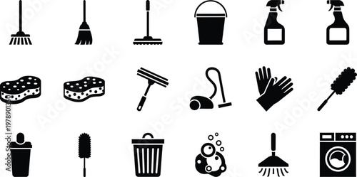 Collection of black and white cleaning service icons for housekeeping and home maintenance