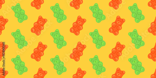 Seamless gummy bear pattern with orange and green jelly candies scattered on a bright yellow background. Fun sweet repeat for packaging, textiles, stationery, wrapping paper and nursery decor.