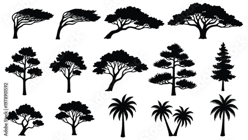 Various black silhouettes of trees with different shapes and sizes on a white background for design and decoration purposes easily customizable
