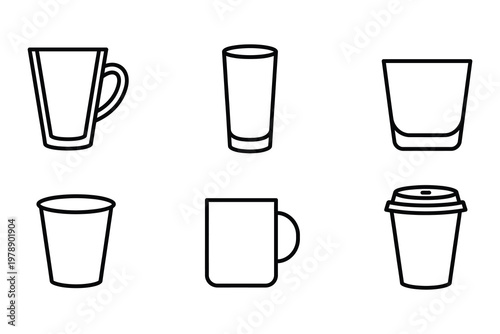 Drinking glasses and mugs icons various types vector line art set beverage container takeaway illustration minimalist collection template background