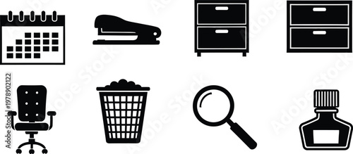 Collection of black and white office supplies icons including calendar, chair, and stapler.