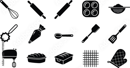 Collection of black and white icons representing various baking and kitchen tools on a white background