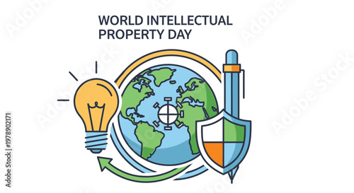World intellectual property day illustration featuring a globe lightbulb and shield