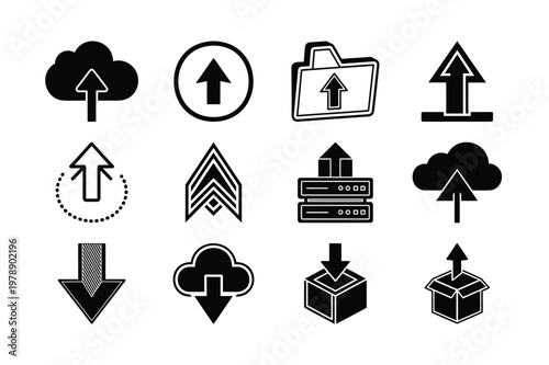 Seamless Collection of Black Upload and Download Icons Representing Data Transfer, Cloud Storage, and Network Connectivity for Digital Interfaces