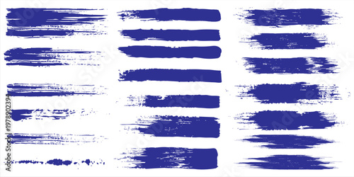 Grunge brushes. Paintbrush sketch strokes, blue splash distress texture and paint daub. Rough ink stain and calligraphy element vector set. Illustration sketch grungy shape.