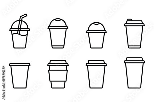 Set of vector icons of takeaway coffee cups and drink containers with container takeaway beverage illustration collection template