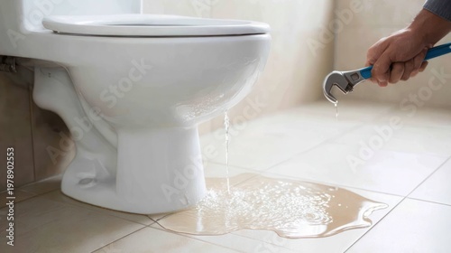 Leaking toilet with water puddle 