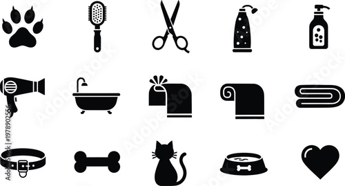 Professional set of pet grooming icons including tools for bathing, brushing, and feeding.