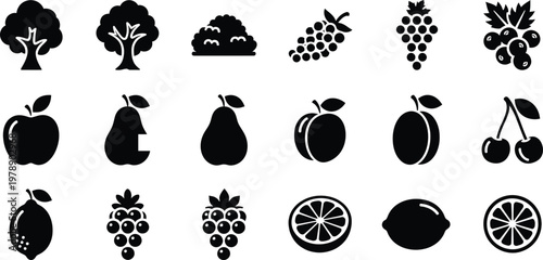 A diverse collection of black and white vector icons representing various fruits and orchard trees