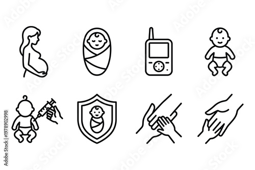 Vector icons illustrating pregnancy childbirth baby care concepts illustration pregnant protection collection