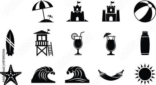 Collection of black beach and summer holiday icons featuring surfboards waves and cocktails