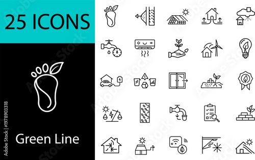 Green Line Icons Set - 25 Line Icons for Eco-Friendly, Sustainability, Renewable Energy, Green Living, Solar Power, Recycling & Environmental Conservation - Vector Illustration for Web & Design