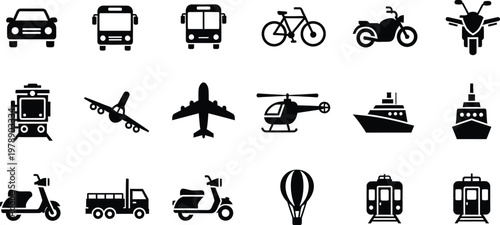 A diverse set of black and white transportation icons for various modes of travel and logistics
