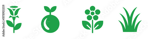 Set of four green plant icons isolated on white background for eco design