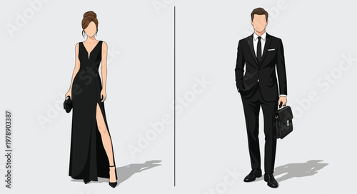 Elegant Businessman And Woman In Black Formal Wear Standing Side By Side For Corporate Concepts