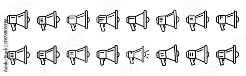megaphone grid line icons collection and Vector icon set in a outline design.