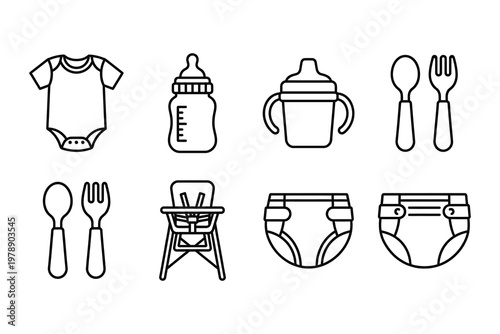 Baby essentials line icons set vector illustration sippy cup high chair line art baby care equipment clothing illustration collection equipment