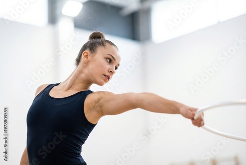 Young female rhythmic gymnast performing a routine holding a white hoop in a bright studio Free Download Young female rhythmic gymnast performing a routine holding a white hoop in a bright studio - GFXLoad