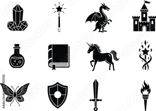 Collection of twelve black fantasy icons featuring a dragon castle sword unicorn and magic items