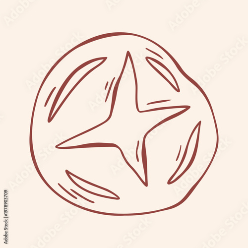 Fresh round sourdough rustic bread, brown outline doodle flat retro style. Minimalist hand drawn vector illustration of bread for bakery menu, food branding, recipe card, kitchen decor on beige